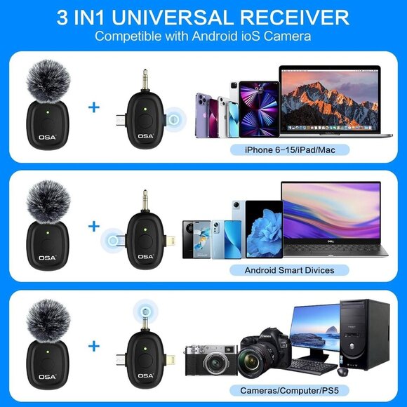 Wireless Lavalier Microphone,3 in 1 Mini Wireless Microphone w/ Noise Reduction - Picture 2 of 10